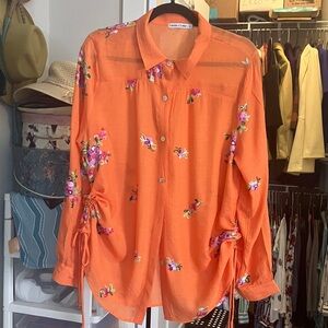 Anthropology Orange Floral Button-Down Shirt with Drawstring Sleeves